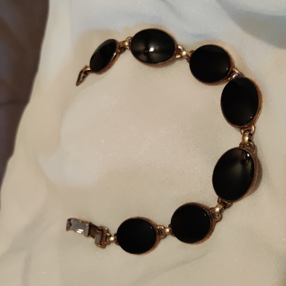 Antique oval Black Onyx Sterling+1/20 14kt Genuine gold filled bracelet 8"  50's - Picture 6 of 17